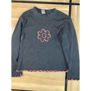 Copper Key Kids Black Waffle Knit Long Sleeve‎ Top with Flower Applique